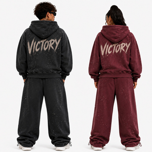 Custom Unisex Oversized Zip Up Hoodie and Jogger Tracksuit Set Vintage Washed Streetwear Two Piece Sweat Suit for Men and Women - Product Image 2