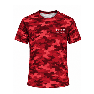 เสื้อยืดลายพรางสีแดงผู้ชายแขนสั้นคอกลมพิมพ์ลายพรางการฝึกอบรมด้านกีฬาฟิตเนสวิ่งออกกำลังกายชุดกีฬาประสิทธิภาพสูง - Product Image 1