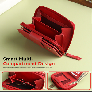 WRIZA Cartera de cuero genuino para mujer, color rojo coral, con protección RFID, 9 ranuras para tarjetas y bolsillo para monedas - Product Image 6