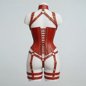 Ensemble de lingerie corset en cuir véritable pour femmes, sur mesure OEM |   Bustier amincissant rouge avec bretelles réglables - Product Image 5