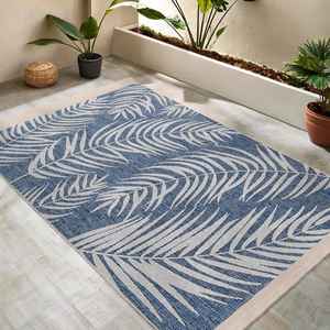 Indian Rug Factory Navy Blue Coastal Palm Frond Rug Durable Non-Slip Washable Area Rug, Hotel Balcony 3D Printed Botanical Art - Product Image 2