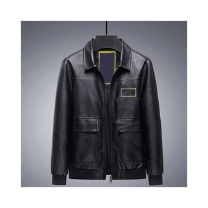 Blouson aviateur en cuir de vachette pour homme grande taille, col en fourrure de mouton, fermeture éclair, vêtement d'extérieur d'hiver, style motard - Product Image 4