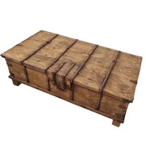 Vintage Heritage Old Wooden Large <b>Storage</b> Trunk <b>Chest</b> Box Coffee Table with Metal Fittings for Farmhouse Home Hotel Bedroom - Product Image 1