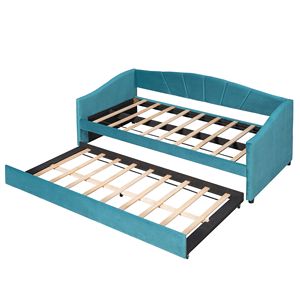 Divano letto imbottito blu a una piazza e mezza con letto estraibile e doghe in legno - Mobili imbottiti - Product Image 5