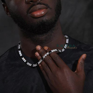Men's S925 Silver Moissanite Tennis <b>Chain</b> Necklace Round Brilliant Cut Rhodium Plated Hiphop Style Bead Link <b>Chain</b> - Product Image 2