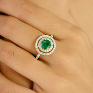 18K Gold Round Emerald Double Halo <b>Diamond</b> <b>Ring</b> VVS1-VS2 Clarity IGI Certified - Product Image 1
