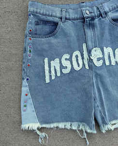 Custom apliques bordado parche Logo Raw Hem Cut Rdge Jorts Jogger pantalones cortos de mezclilla con diamantes de imitación Streetwear Jean Shorts-para hombres - Product Image 5