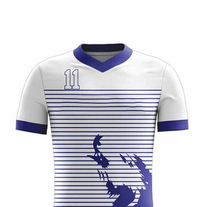 Ensemble de maillots de football personnalisés sublimés, blanc et bleu rayé, col en V, manches courtes, pour homme adulte, respirant, coupe athlétique - Product Image 4