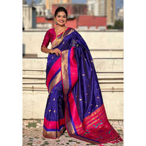 Sari en soie Paithani violet avec bordure en satin Muniya, élégant foulard traditionnel indien - Product Image 5