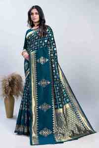 Sari de seda color verde azulado con borde dorado y motivos florales, sari para bodas y festivales, ropa tradicional india étnica para mujer - Product Image 4