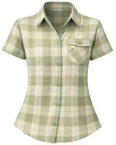 Olive Green And Cream Plaid Womens Short Sleeve Button Up Shirt Casual Summer Lightweight Breathable <b>Checkered</b> <b>Top</b> With Pocket - Product Image 2