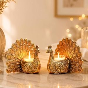 Ensemble de 2 bougeoirs en forme de paon doré, figurines d'oiseaux en aluminium, décoration bohème durable pour la maison, décoration de table - Product Image 2