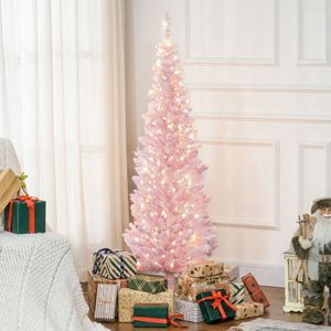 5ft Slim Artificial Christmas Tree with Warm White LED <b>Lights</b> and Snow Flocked <b>Branches</b> Pink-Christmas Decorations - Product Image 2
