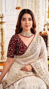 AARA Fashion Elegant Cream Silk Saree Maroon Blouse Traditional Indian Wedding Wear Floor-Length Regular Fit Women's <b>Sari</b> Sun - Product Image 2