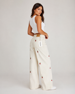 Jean taille haute à jambe large avec broderie cerise, en coton doux, grande taille, pantalon décontracté d'été pour femme, longueur complète, boutonné, OEM - Product Image 2