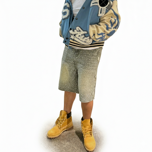 Ropa al por mayor, pantalones cortos de mezclilla azules con pedrería para verano, pantalones cortos de mezclilla rasgados de cintura alta a la moda para hombres y mujeres - Product Image 6