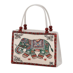 Bolso de Lona Vintage con Estampado de Elefantes, Asas de Correa con Cuentas, 28x21x9cm, Multicolor, Doble Abertura Superior - Product Image 5