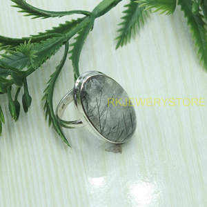 Natural Black Rutilated <b>Quartz</b> Oval Cabochon <b>Ring</b> 925 Sterling Silver Handmade Statement Jewelry Women Crystal Gemstone <b>Ring</b> - Product Image 2