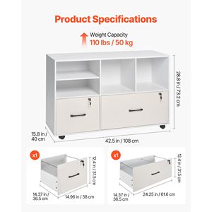 2 <b>Drawer</b> Mobile Wooden File Cabinet with Open Shelves & <b>Lockable</b> Lateral Rolling Storage Adjustable Shelves Filing Storage Unit - Product Image 5