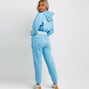Conjunto de Sudadera Corta Azul Claro para Mujer con Pantalones Jogger a Juego, Color Sólido, Manga Larga, Informal, Transpirable, Tejido de Felpa, 100% Felpa - Product Image 3