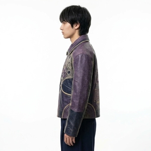 เสื้อแจ็คเก็ตหนังสีม่วงสำหรับผู้ชาย สไตล์ไบค์เกอร์ ลายกราฟิกมงกุฎสายฟ้า ปักลาย คอปกพับได้ เสื้อนอก - Product Image 4