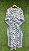 Robe maxi kaftan pour femme à imprimé floral bleu, style bohème, robe de plage d'été, robe de vacances, confortable, 100% coton