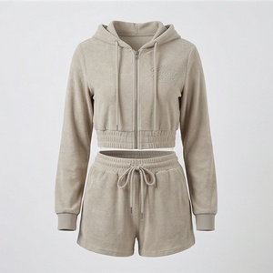 Conjunto de 2 Piezas para Mujer, Sudadera con Capucha y Cierre y Pantalones Cortos, Color Sólido, Informal, Tejido de Algodón, por Encima de la Rodilla - Product Image 1