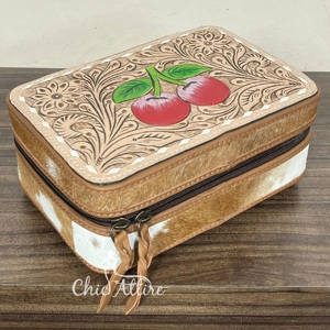 New Arrival Portable Hand Tooled <b>Fur</b> Leather Jewelry Case Cherry Design Genuine Leather Small Travel Jewelry Box with Zipper - Product Image 1