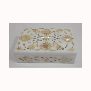 Boîtes en marbre blanc avec incrustations de nacre, design unique et magnifique, avec incrustations de pierres naturelles, travail floral, pour cadeaux de fête - Product Image 3