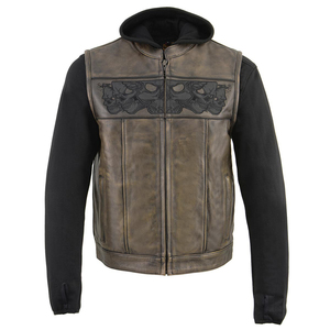 Chaleco de Cuero Marrón Vintage para Hombre con Mangas de Sudadera Negras, Bordado de Calavera, Estilo Motero Gótico - Product Image 1