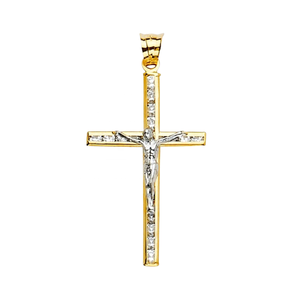 14K สีขาวและเหลืองสองโทนสีทองลูกบาศก์เซอร์โคเนีย CZ คริสเตียนไม้กางเขนจี้ไม้กางเขนเครื่องประดับทางศาสนา