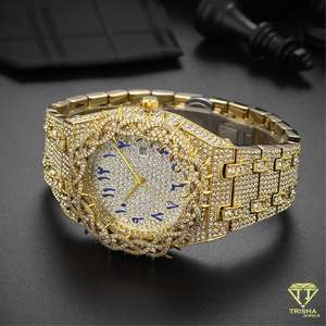 Montre haut de gamme plaquée or avec lunette couronnée, sertie de diamants VVS cultivés en laboratoire, en argent sterling 925, pour homme, style hip-hop. - Product Image 2