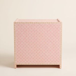 Light Pink Bone Inlay Bedside Table 2 Drawer Geometric <b>Trellis</b> Pattern Handmade Indian Luxury Nightstand Furniture - Product Image 2