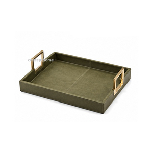 Plateau de service rectangulaire vert olive fait main, écologique, durable, avec poignées dorées, finition cuir couleur unie, usage résidentiel - Product Image 1