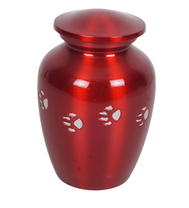 Urna para mascotas roja brillante disponible en tres tamaños, la más vendida. Urna moderna de lujo para cremación de mascotas con huella de pata para funeral. - Product Image 1