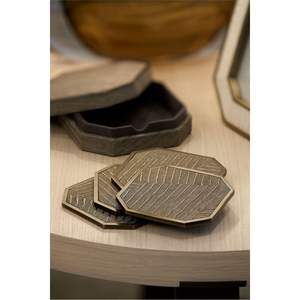 Sous-verres en métal de style nordique avec texture feuille de laurier, robustes, ronds, en bronze, avec support – Cadeau élégant pour l'inauguration d'une maison et idéal pour le bureau - Product Image 4