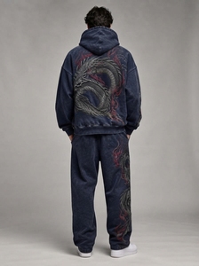 Conjunto Deportivo de Dos Piezas para Hombre, Sudadera con Capucha Extra Grande con Estampado de Dragón Azul Marino, Pantalones Deportivos, Estilo Urbano Apex - Product Image 2