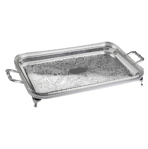 Plateaux de service rectangulaires en aluminium moulé avec bordure gaufrée, finition argentée, pour la maison et les hôtels, pour servir des aliments et des boissons sur table. - Product Image 4