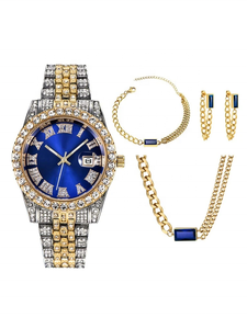 NW1395 Relojes de Diamantes para Mujer, Relojes de Pulsera Creativos de Acero con Diamantes, Relojes de Cuarzo, Pulseras, Collar y Pendientes, 4 Piezas - Product Image 3