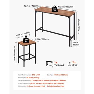 Juego de Mesas de Bar de 47 Pulgadas, 3 Piezas, Mesa de Bar y Silla con Diseño de Bordes Redondeados, Mesa de Pub Rectangular y Dos Taburetes, Juego de Muebles - Product Image 3