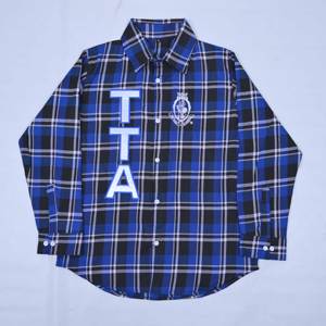 Camisa de franela a cuadros azul personalizada de calidad premium con logo impreso TTA, manga larga, con botones, informal, para mujer - Product Image 3