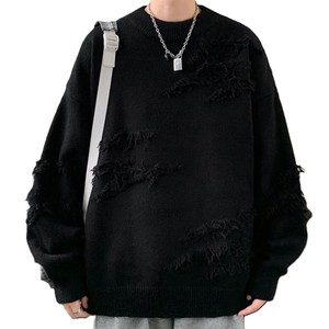 Suéter de Punto Negro Sólido 100% Algodón para Hombre, Detalles de Flecos, Cuello Redondo, Ropa de Otoño, Transpirable, de Secado Rápido, Alta Calidad - Product Image 4