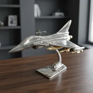 Modèle d'avion de chasse Rafale en métal avec support, argenté et doré, en métal moulé sous pression, objet de collection pour la décoration de bureau, de maison ou de bureau. - Product Image 2