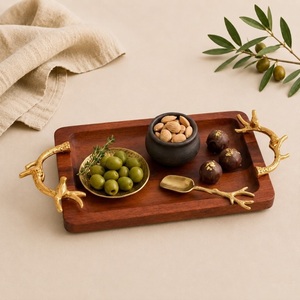 Luxury Rectangular Acacia Wood Serving Tray With Decorative Gold Bird Handles Premium <b>Rustic</b> Platter For <b>Home</b> <b>Decor</b> & Coffee - Product Image 2