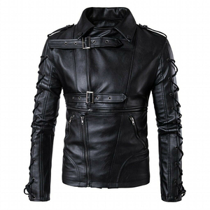 Veste en cuir noir sur mesure pour homme avec ceinture et manches à lacets, style motard, col rabattu, fermeture éclair - Product Image 1