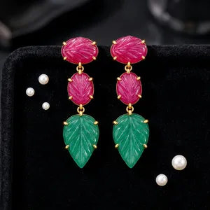 Pendientes Colgantes de Moda con Diseño de Hoja Tallada, de Jade Rosa y Verde Natural, Chapados en Oro de 18k, de Latón Antideslustre, Románticos para Fiesta - Product Image 3