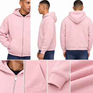<b>Pink</b> Hooded Fleece Zip-Up <b>Sweatshirt</b> Solid Color Regular Fit Casual Autumn Style 100% Cotton Knitted Fabric - Product Image 2