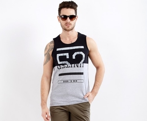 Débardeur sans manches pour homme, gris et noir, col rond, motif imprimé, décontracté, respirant, 100 % coton tricoté, logo sur le devant - Product Image 1