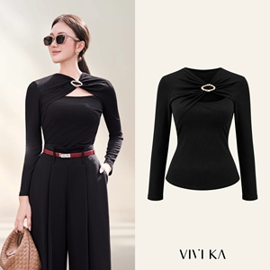 Blusa de punto elástica ajustada para mujer, negra, de manga larga, con cuello retorcido, aberturas y detalle de hebilla, estilo casual de otoño SIENNA - Product Image 1