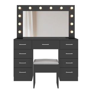 Large Lighted 12 LED <b>Mirror</b> <b>Makeup</b> Vanity Desk Set with 9 Drawers Glass Top Dressing Vanity Table with Power Outlet - Product Image 5